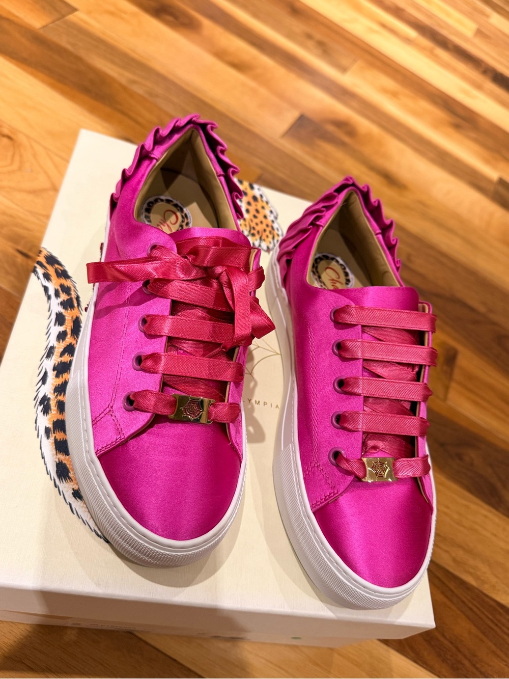 Charlotte Olympia Hot Pink Satin Ruffle Trim Sneakers